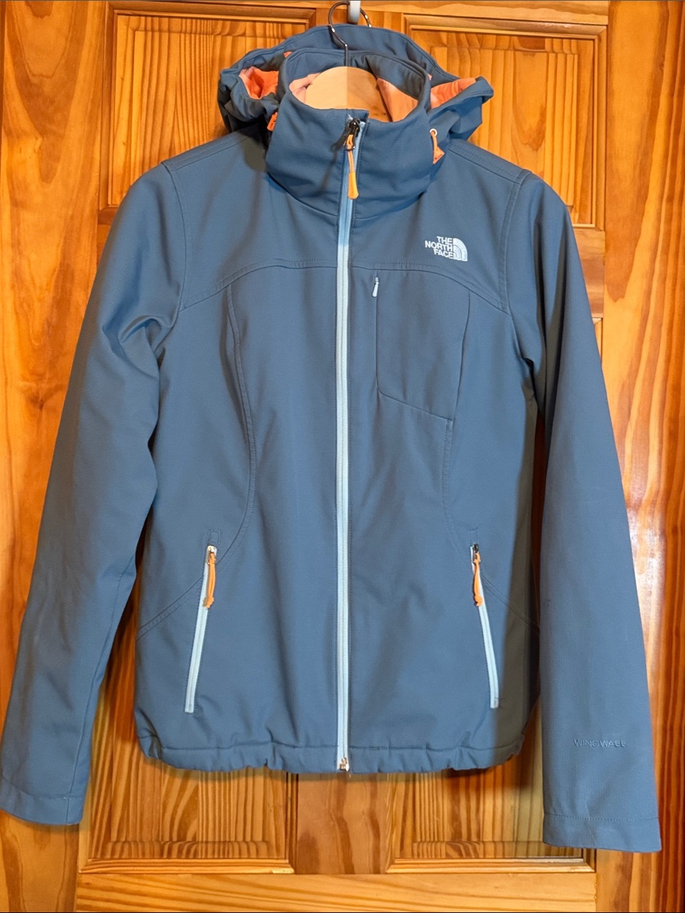 The North Face Wen's Slate Blue Hooded Softshell Jacket with Orange Accents